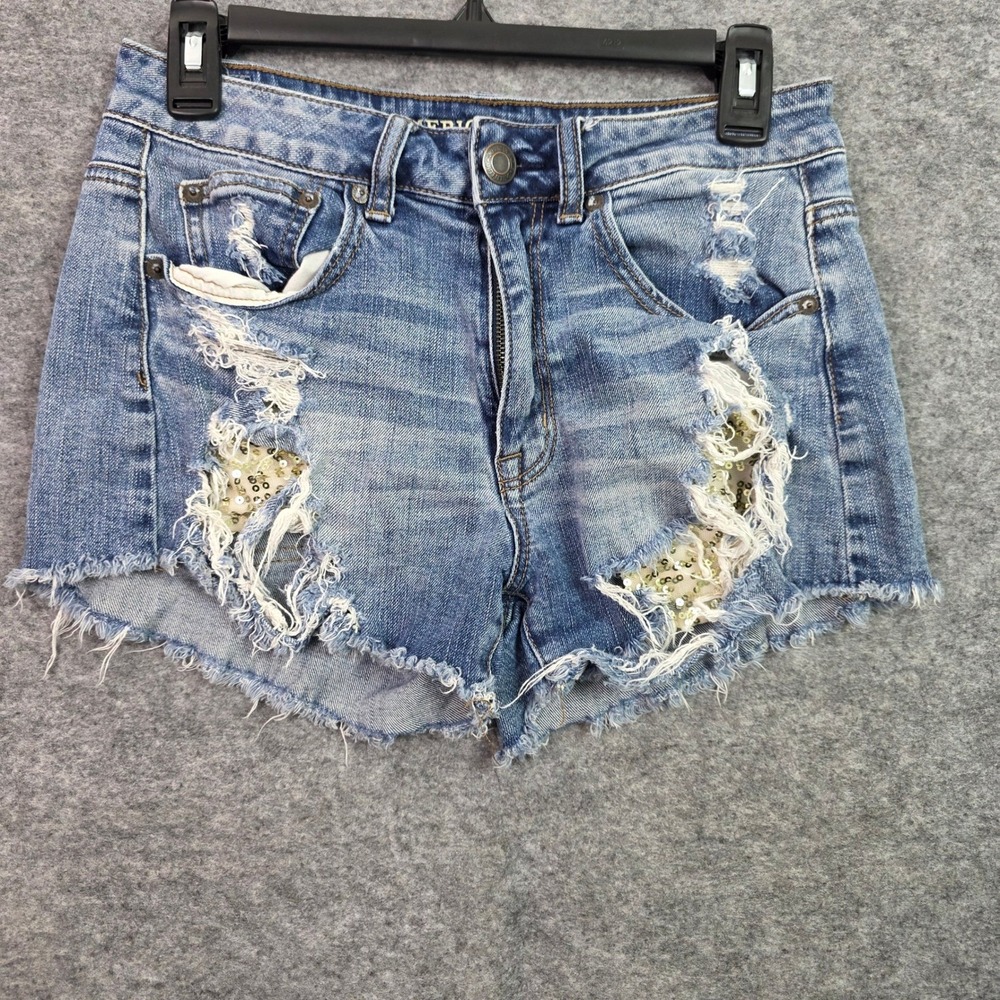 American Eagle Hi-Rise Festival Sequin Distressed Denim Shorts Blue Womens 6